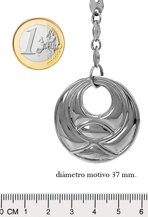 Llavero de plata chapa circular 037_LP331 llavero plata ley con medidas sobre fondo negra