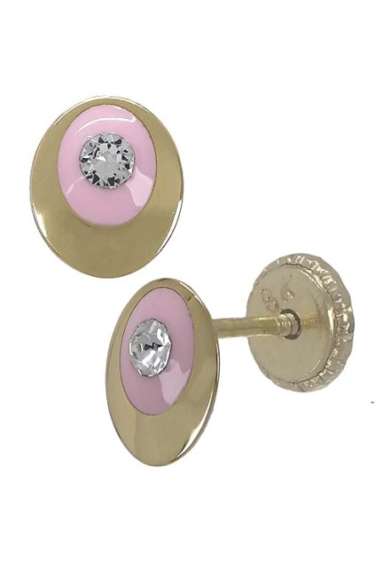 Pendiente ovalado de oro amarillo con esmalte a fuego con circonita y sistema de presion perfil