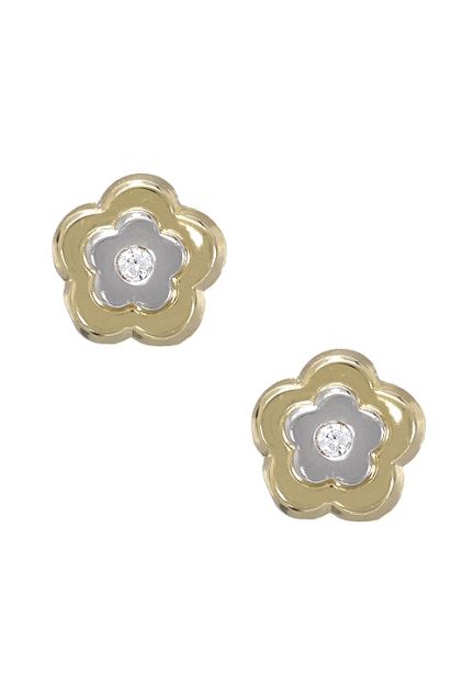 pendientes de oro bicolor 18 kilates con circonita forma de flor fotografia de frente precio barato joyeria online 030_2765