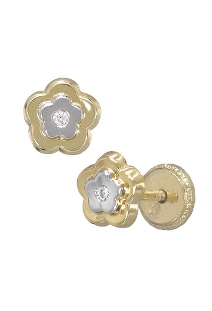 pendientes de oro bicolor 18 kilates con circonita forma de flor fotografia de lado precio barato joyeria online 030_2765_01