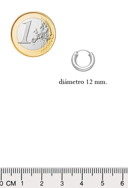 pendientes de aro pequeños plata de ley chanela 3 mm de grueso y diametro exterior 12 mm. foto medidas comparadas
