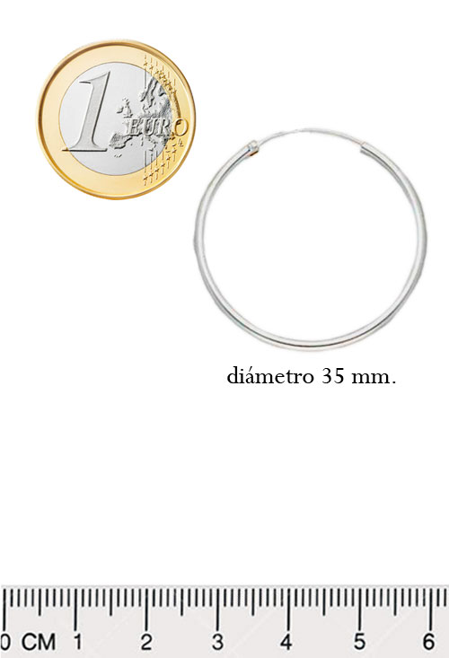 Pendientes de aro plata ley 240_ARO2-35 criolla de plata chanela redonda de 2 milimetros y un diametro de 35 mm. foto medidas comparadas