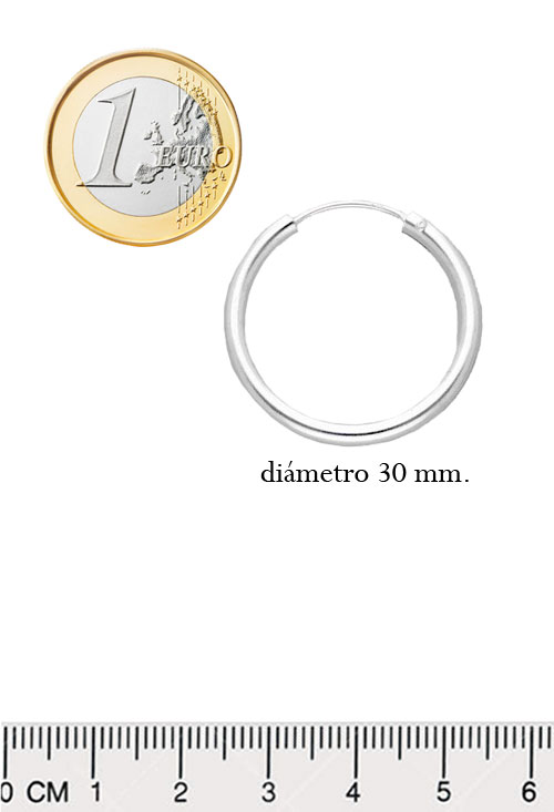 Pendientes de aro plata ley 240_ARO3-30 criolla de plata chanela redonda de 3 mm y diametro 30 mm foto con medidas comparadas