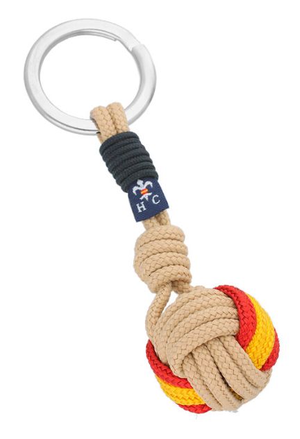 llavero acero y cordón beis con motivo balón bandera de españa