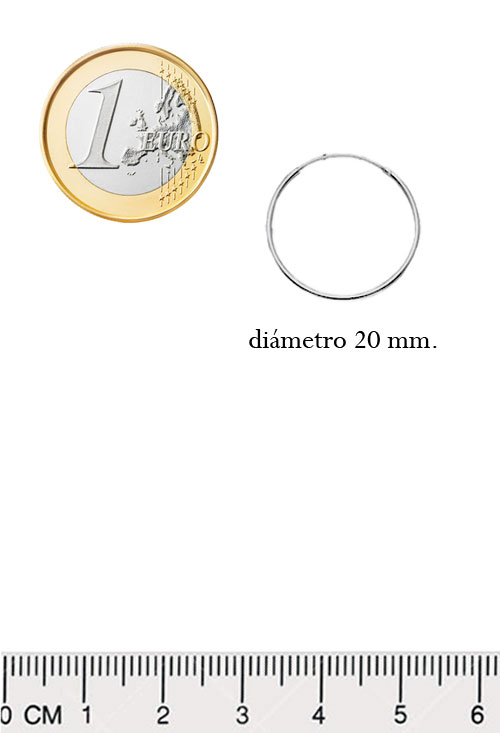 Pendientes de aro plata ley 240_ARO1.5-20 criollas de plata chanela redonda de 20 mm de diametro foto medida comparada