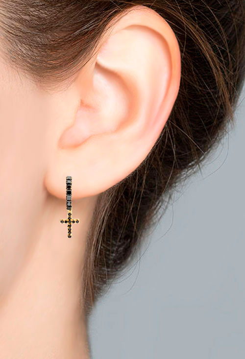 pendiente arete con cruz oro 18k y circonitas negras precio con descuento venta online vista modelo 030_3007-N_02