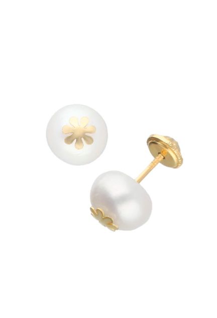 pendientes de oro con perla cultivada modelo flor toma de lado 030_2089_01