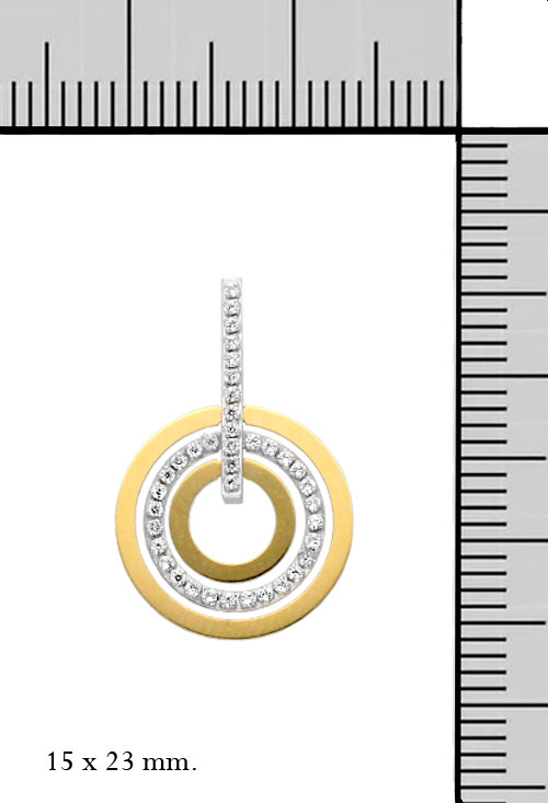 Pendientes oro bicolor y circonitas 030_2799-Z pendientes de oro largos circulos concentricos foto con medidas 030_2799-Z_M