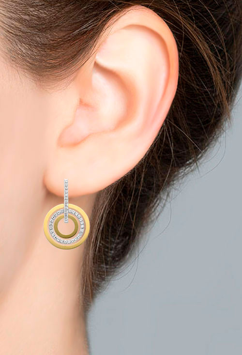 Pendientes oro bicolor y circonitas 030_2799-Z pendientes de oro largos circulos concentricos foto modelo 030_2799-Z_02