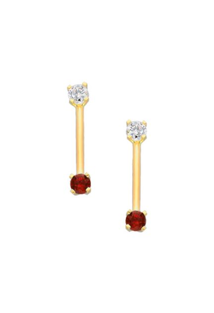 pendientes largos de oro amarillo con circonita y cuarzo rojo rubi vista frontal 030_2455-R