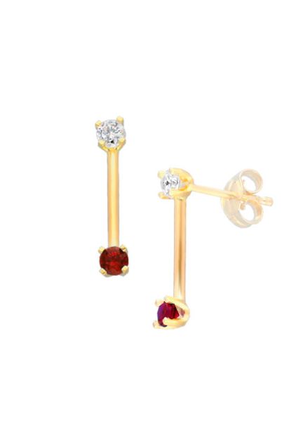 pendientes largos de oro amarillo con circonita y cuarzo rojo rubi vista lateral 030_2455-R_01