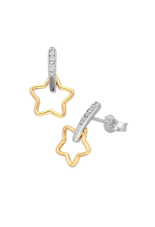 Pendientes oro bicolor 18k y circonitas 030_3054 pendientes oro bicolor estrellas colgando de galeria vista lateral 030_3054_01