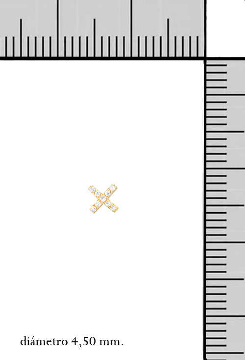 Piercing oro 18 kilates para el tragus forma de X con circonitas 030_3673 piercing oro amarillo 18 kilates forma de x o cruz griega con circonitas vista con medidas 030_3673._Mjpg