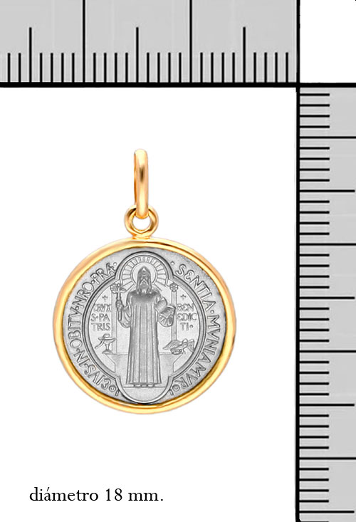 Medalla oro blanco y amarillo 18K San Benito 045_1290605-18 medalla religiosa oro bicolor 18 kilates san benito foto con medidas 045_1290605-18_M
