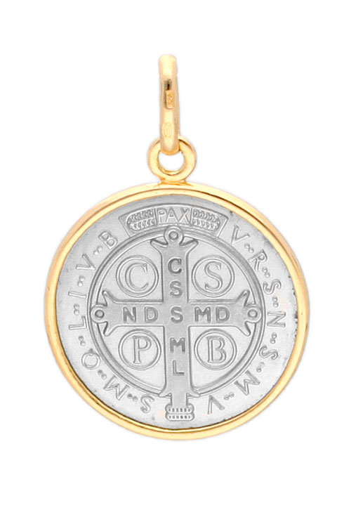 Medalla oro blanco y amarillo 18K San Benito 045_1290605-18 medalla religiosa oro bicolor 18 kilates san benito foto reverso 045_1290605-18_01
