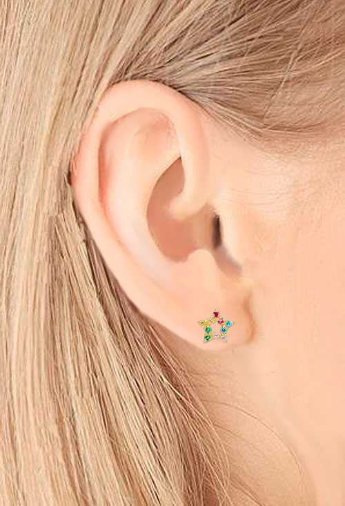 Pendientes oro 18k y piedras multicolor estrellas 002_56347-P pendientes oro 18k y piedras de colores estrellas vista modelo 002_56347-P_02