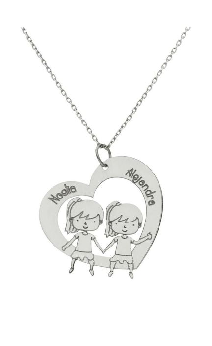 Gargantilla personalizada en oro blanco corazón 2 niñas 287_G1021