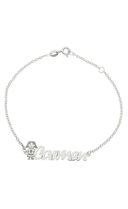 Pulsera personalizada de oro blanco silueta de niña y nombre 287_PU1174