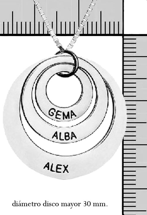 Gargantilla personalizada de plata. 3 círculos con nombre 303_CO2560 Gargantilla personalizada de plata, 3 círculos con nombre foto medidas