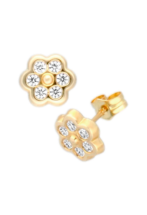 Pendientes para niña oro 18k y circonitas forma de flor pendientes niña oro 18 kilates y circonitas vista lateral