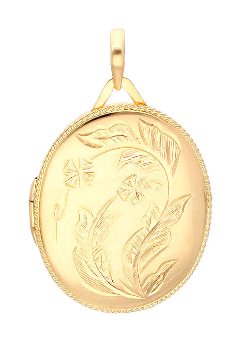 Colgante oro guardapelos ovalado grabado floral portafotos guardapelos relicario vista frontal para parrilla web