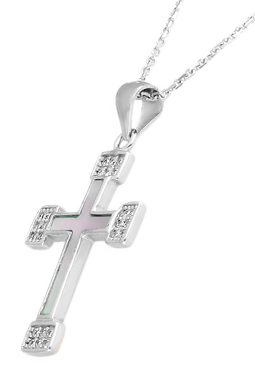 cruz de nacar y plata con cadena vista detalle lateral