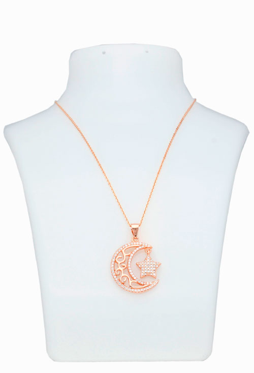 gargantilla plata chapada en rosa luna y estrella foto con expositor para parrilla web joyeria online