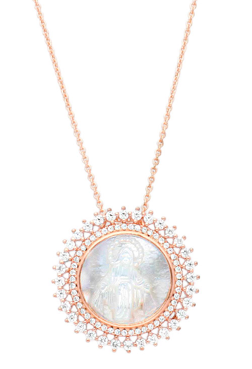 Medalla nácar doble orla circonitas. plata de ley chapado rosa medalla nacar doble orla de circonitas foto para joyeria online toma de frente