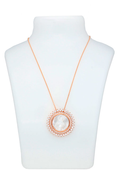 Medalla nácar doble orla circonitas. plata de ley chapado rosa medalla nacar doble orla de circonitas foto para joyeria online toma en expositor