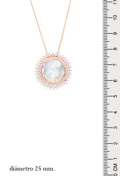 Medalla nácar doble orla circonitas. plata de ley chapado rosa medalla nacar doble orla de circonitas foto para joyeria online toma con medidas