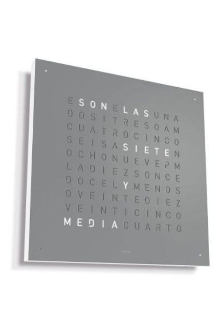 Qlocktwo Stainless Steel Grey Pepper reloj de pared letras ladeado