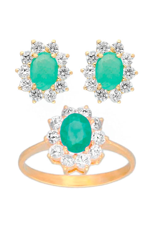 conjunto de oro anillo y pendientes oro 18k esmeralda y circones vista juego completo para web