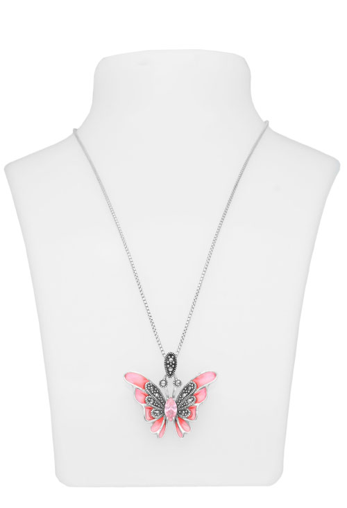 Gargantilla de plata motivo mariposa con marquesitas y vidriera rosa mariposa plata con marquesitas y alas rosas foto toma expositor para parrilla web joyeria el rubi