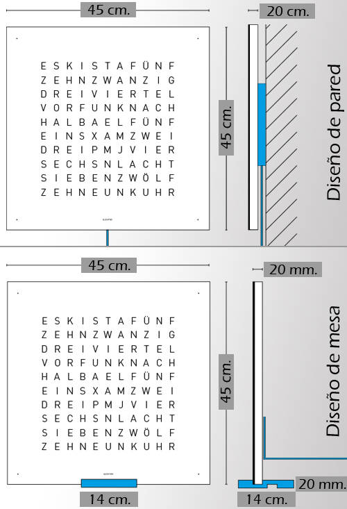 Qlocktwo Stainless Steel Grey Pepper reloj de pared letras de 45x45 Cms medidas del reloj de pared Qlocktwo