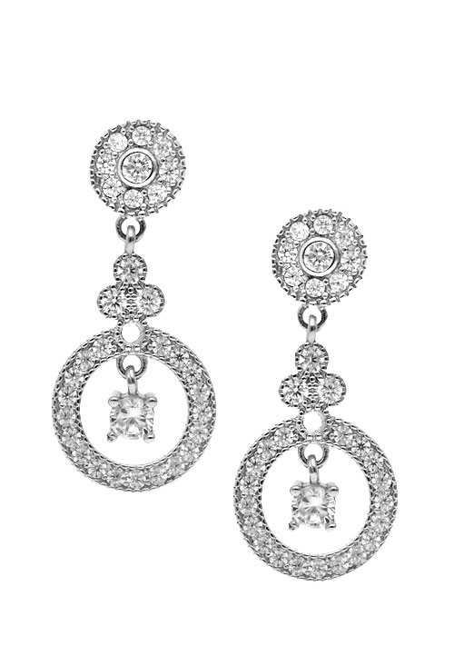 Pendientes largos plata y circonitas motivo circular pendientes largos de plata para novia vista frontal para parrilla web de el rubi joyeros