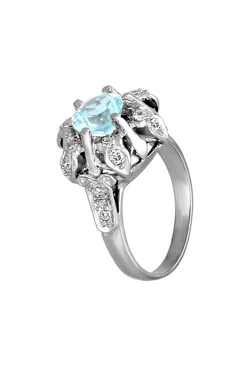 Anillo antiguo oro blanco diamantes y topacio azul 18K anillo antiguo oro blanco topacio y diamantes vista lateral para web el rubi joyeros