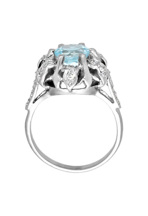 Anillo antiguo oro blanco diamantes y topacio azul 18K anillo antiguo oro blanco topacio y diamantes vista cenital para web el rubi joyeros