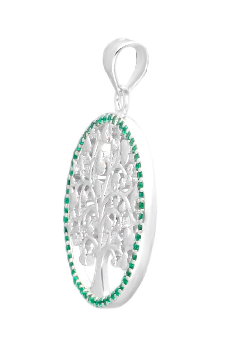 Colgante de plata árbol de la vida con símiles verdes en bisel colgante arbol de la vida enamorados fotografia lateral para parrilla web