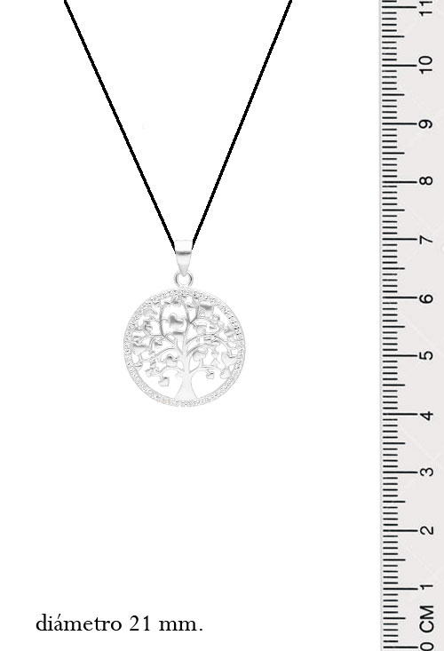 Colgante de plata árbol de la vida con circonitas en bisel 280_2031066 colgante de plata arbol de la vida que tiene por frutos corazones vista medidas reales para web