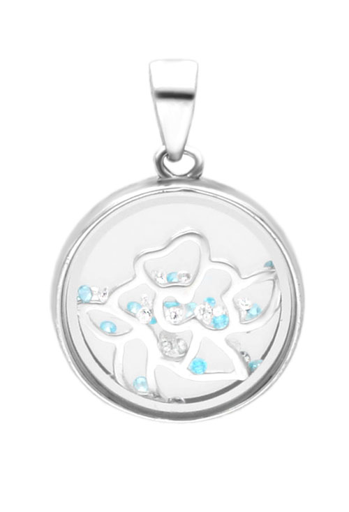 Colgante de plata y cristales en urna de cristal cruz de plata en urna de cristal vista para parrilla web toma frontal