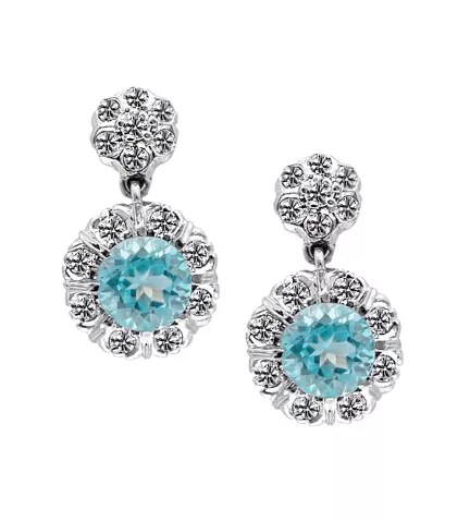 pendientes oro blanco 18 ktes con diamantes y topacio azul