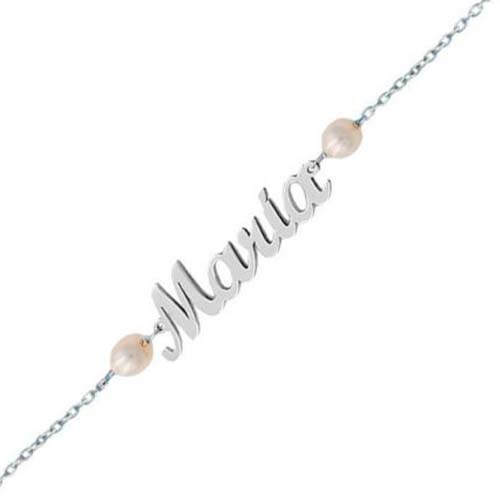 Pulsera en oro blanco con nombre y perlas