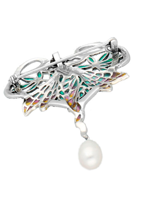 Broche plata y esmaltes motivo hada y perla broche plata hada del bosque tipo vidriera con perla cultivada toma trasera