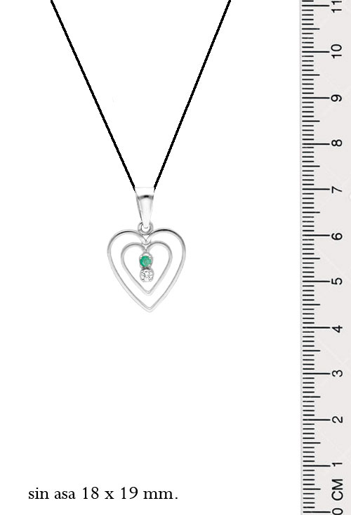 Colgante oro blanco 18K corazón diamante y esmeralda colgante corazon oro blanco 18k diamante y esmeralda fotografia con medidas para web