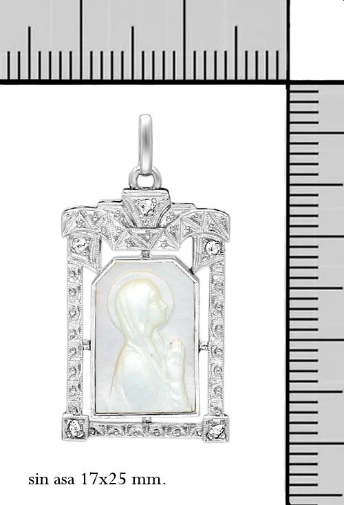 Joya singular medalla religiosa oro blanco y nácar 18k con diamantes medalla oro blanco diamantes y nacar joya exclusiva toma fotografica con medidas