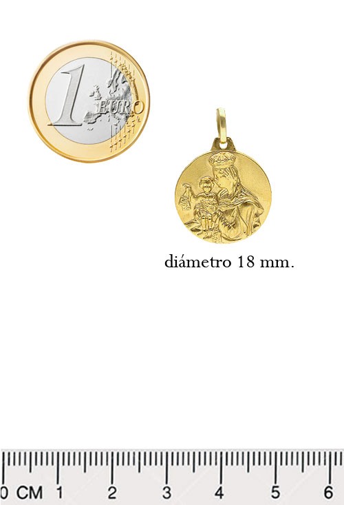 Medalla escapulario oro 18 Kilates Sagrado Corazón y Virgen del Carmen 18 mm. medalla escapulario oro 18 ktes foto con medida comparada con un euro