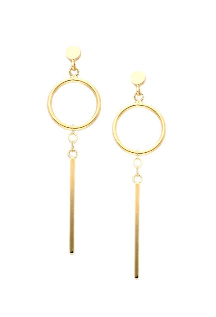 pendientes largos oro amarillo 18 kilates circulo y barra vista frontal