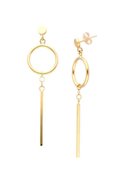 pendientes largos oro amarillo 18 kilates circulo y barra vista frontal y lateral