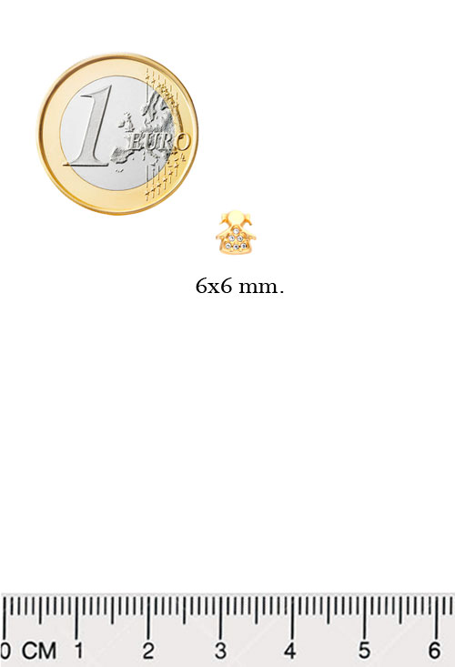 Pendiente de oro para niña de corta edad o bebé silueta 234_2935 pendientes de oro para niña con forma de niña cuajados de circonitas fotografia medida comparada con 1 euro para joyeria online el rubi joyeros