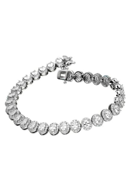 Pulsera plata y circonitas tipo riviere, este modelo esta formado por rosetas u orlas con una circonita central talla oval engastada en garra de cuatro patas y rodeada por una  galería de circonitas redondas de mucho menor tamaño vista frontal
